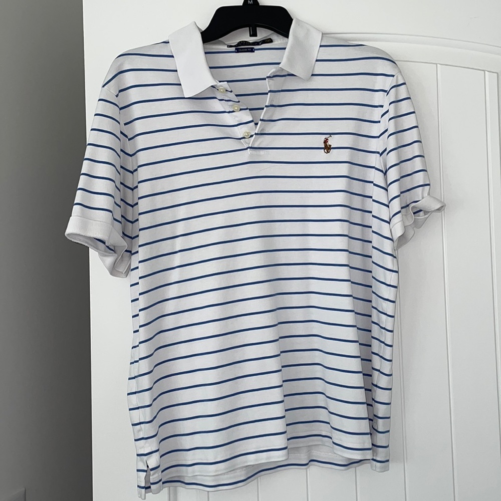 blue and white striped polo ralph lauren collared shirt